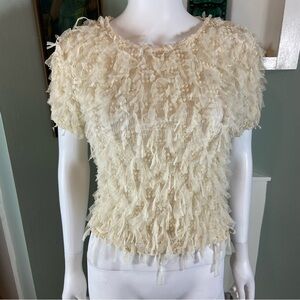 Zara Cream White Sheer Mesh Fringe Ribbon Textured Top Shirt Blouse Medium M